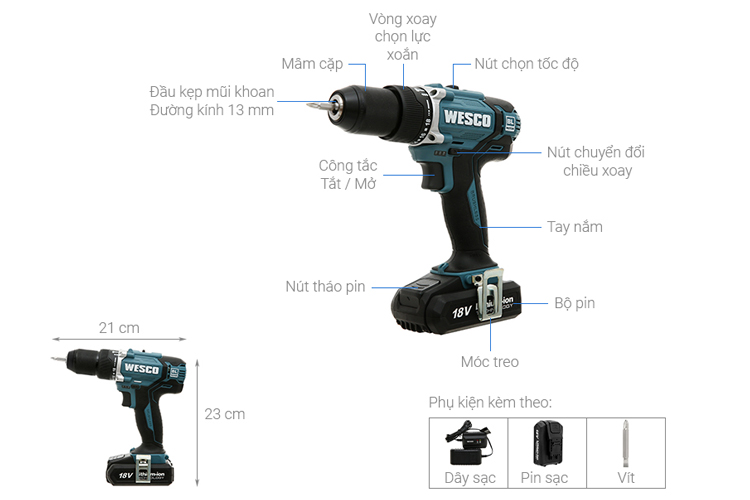 Máy khoan pin 18V không chổi than WESCO WS2921K2