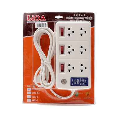 Ổ cắm điện 6 ổ cắm dây 2.5m có nắp che an toàn 3300w LiOA 6SS2.5-2
