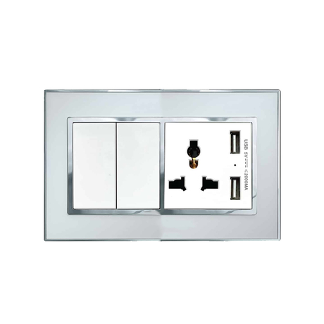 Công tắc đôi hai chiều kèm ổ cắm đa năng ABE MIRROR M2T-22C-USB màu trắng