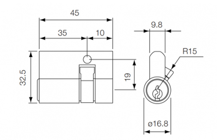 Kích thước của ruột khóa dài 45mm Yale 10-1001-0035-00-22-01