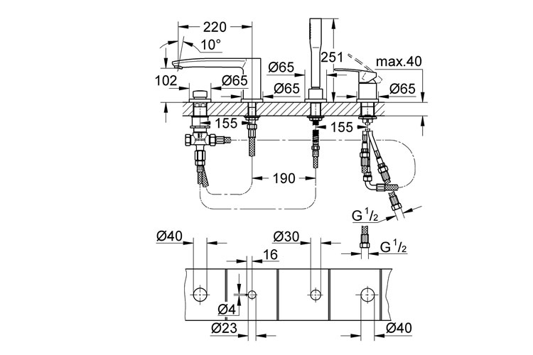 Bộ vòi trộn bồn tắm 4 lỗ EurostyleCosmo GROHE 23048002