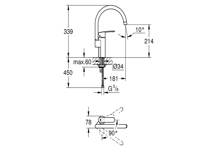 Vòi bếp nóng lạnh 339mm Eurostyle Cosmo GROHE 30221002