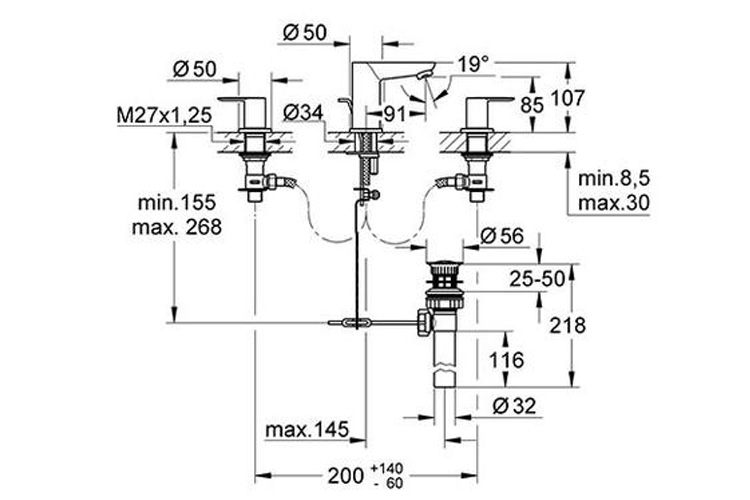 Vòi chậu nóng lạnh 3 lỗ BauEdge S-size GROHE 20197000