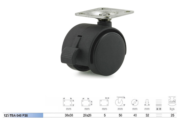 Ethos 125TBA040P38 series 120 swivel axle interior plastic wheel with brake