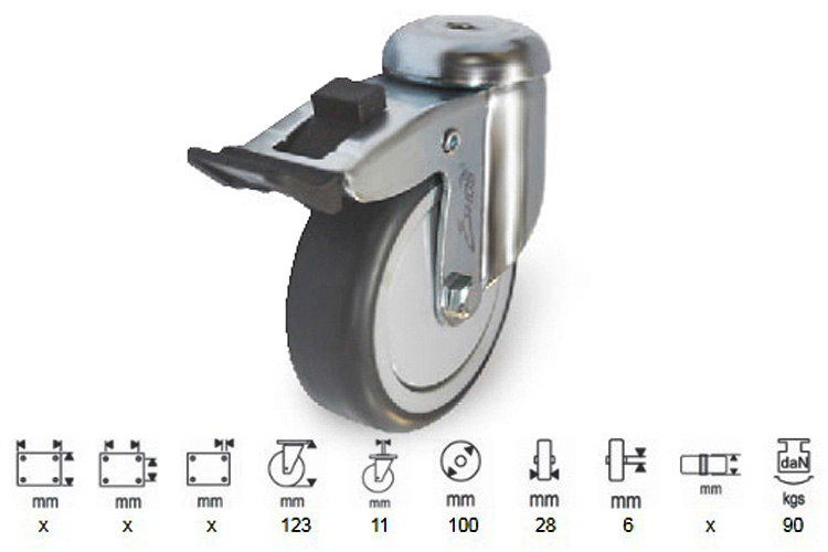 Ethos 213TPE100H10 medium-duty rubber wheels, 230 series, swivel axle with brakes
