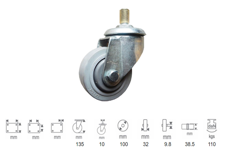 Bánh xe cao su dòng 250 tải trọng trung bình trục xoay Ethos 251EIY100T10