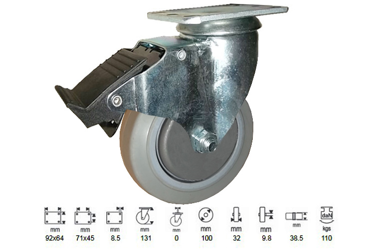 Bánh xe cao su dòng 250 tải trọng trung bình trục xoay có thắng Ethos 253EIY100P01