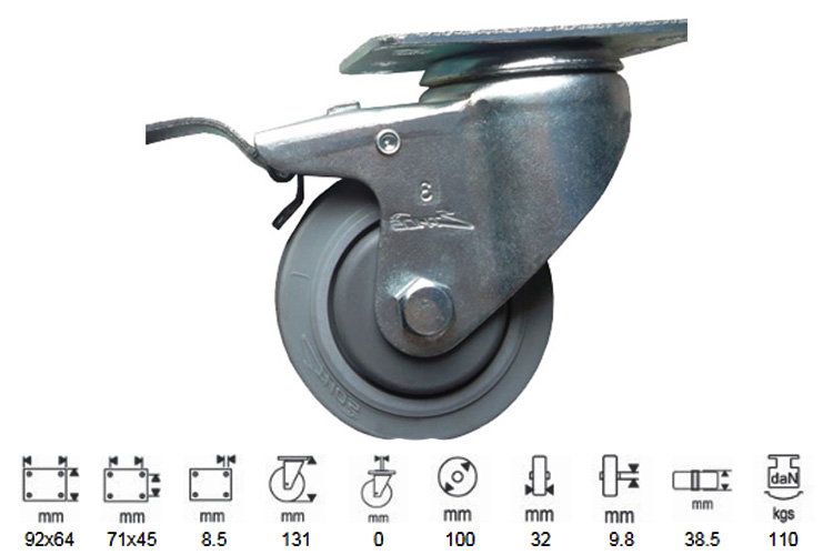 Ethos 250 medium-duty rubber wheel Ethos 256EIY100P01 swivel casters with brakes