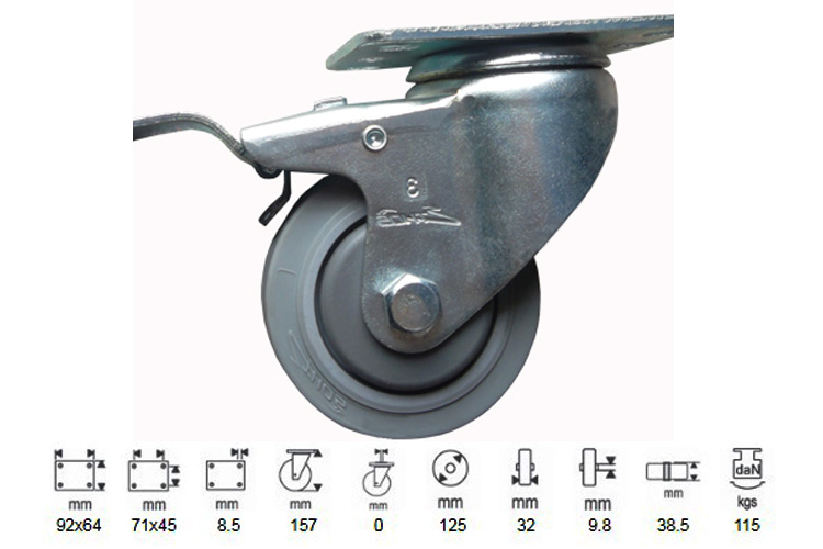 Bánh xe cao su dòng 250 tải trọng trung bình trục xoay có thắng Ethos 256EIY125P01