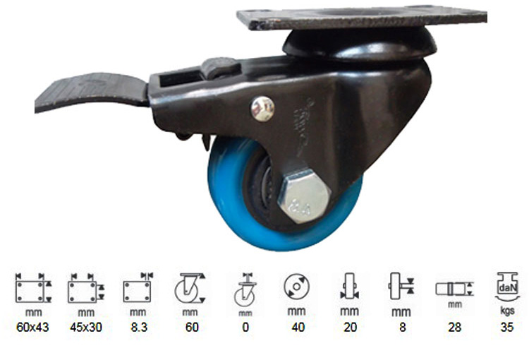 PU plastic wheel series 260 medium load rotating shaft with brake Ethos 266UBZ040P60