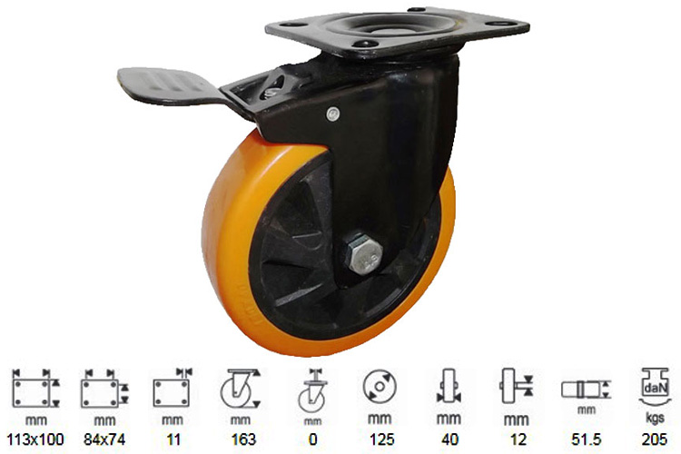 PU wheel series 290 medium load swivel shaft with brake Ethos 296UMH125P45
