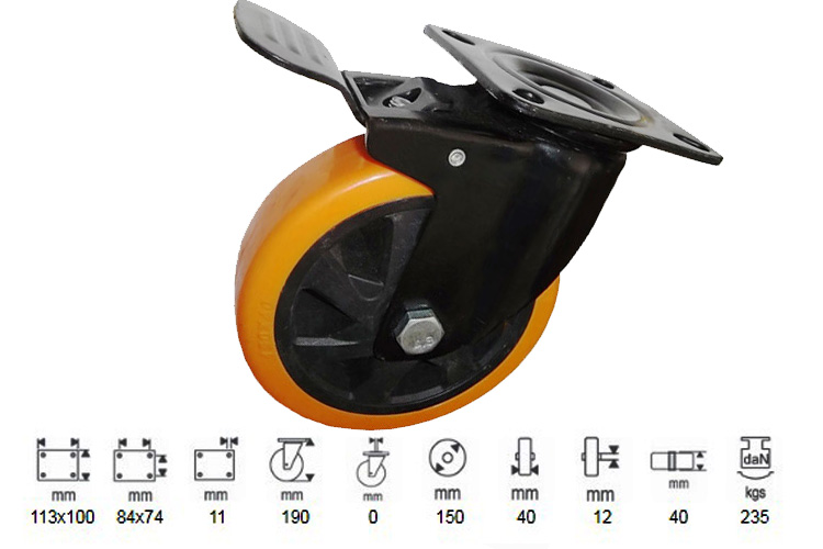 Bánh xe PU dòng 290 tải trọng trung bình trục xoay có thắng Ethos 296UMH150P45