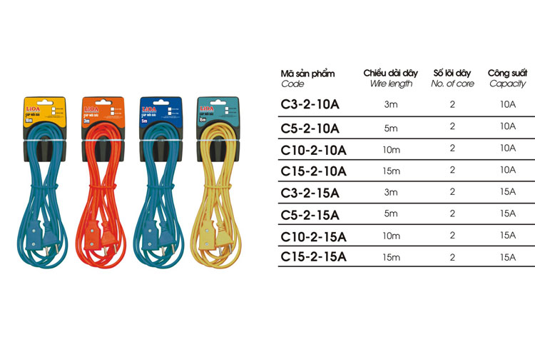 Cáp nối dài 2 lõi loại 10m 15A LiOA C10-2-15A