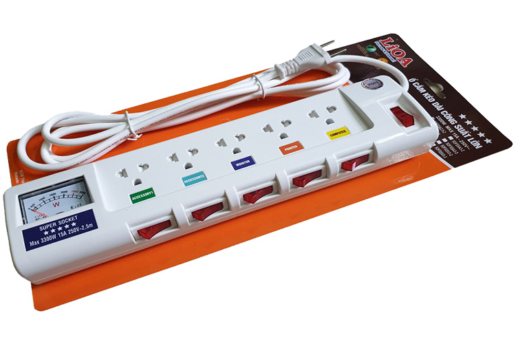 Ổ cắm điện 5 ổ cắm dây 2.5m 3 lõi có đồng hồ báo điện áp 3300w LiOA 5OFSSA2.5-3