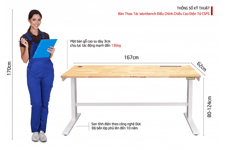 Bàn điều chỉnh chiều cao bằng điện 168cm CSPS VNGS3661BC14