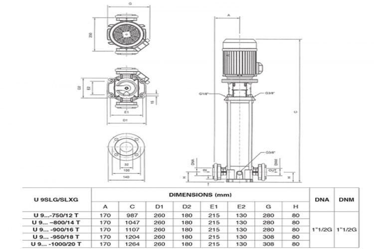 Máy bơm 5.5KW/7.5HP trục đứng cánh Inox Pentax U9SLG-750/12T