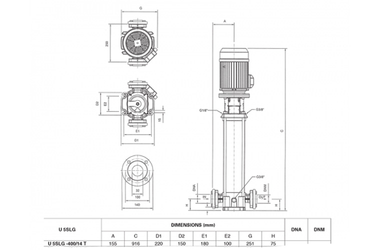 Máy bơm 3KW/4HP trục đứng cánh Inox 0-7.2 m³/h Pentax U5SLG 400/14T