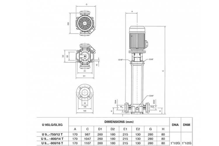 Máy bơm 6.6KW/9HP trục đứng cánh Inox Pentax U9SLG 900/16T