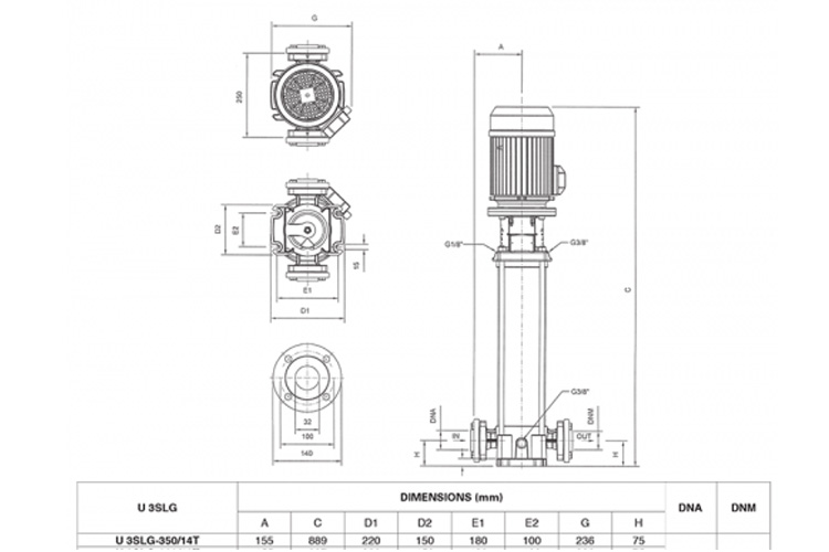 Máy bơm trục đứng cánh Inox 2.6KW/3.5HP Pentax U3SLG 350/14T