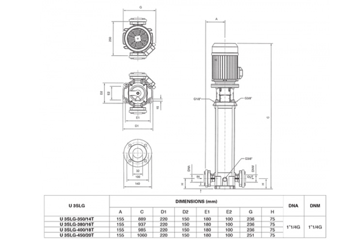 Máy bơm trục đứng cánh Inox 2.8KW/3.8HP Pentax U3SLG-380/16T