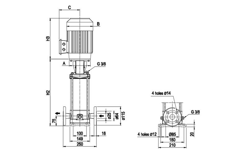 Máy bơm ly tâm trục đứng đa tầng cánh EBARA EVMG 18 12F5/11 15HP